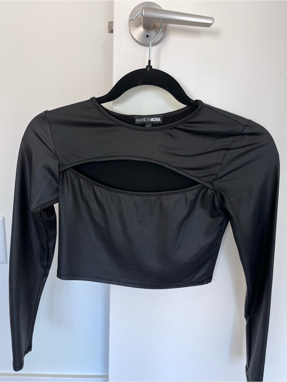 Fashion Nova Black Long-Sleeve Cutout Faux-Leather Crop Top